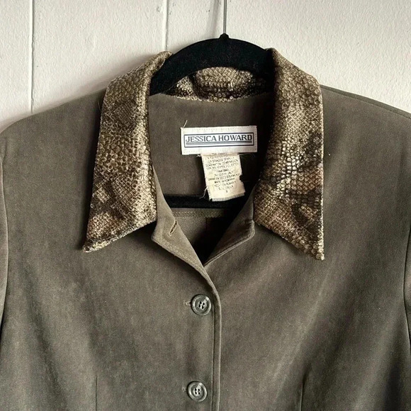Jessica Howard Blazer Jacket Women's 8 Green Snake Skin Long Sleeve Open Back - Picture 2 of 8